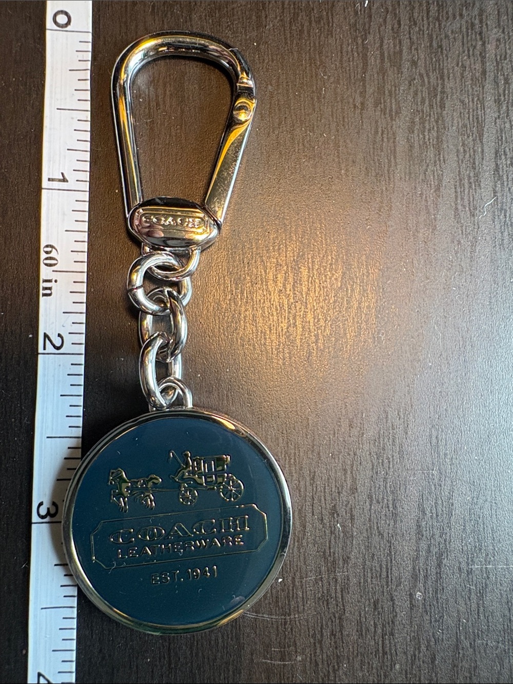 Coach Leather Ware Round Fob Keychain - Dark Blue and Silver Chain